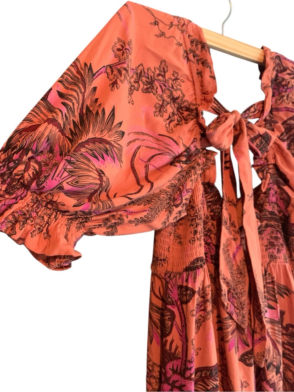 Anthropologie Peach Coral Plum Tropical Bird Maxi Dress Natural Life Boho - Picture 5 of 11